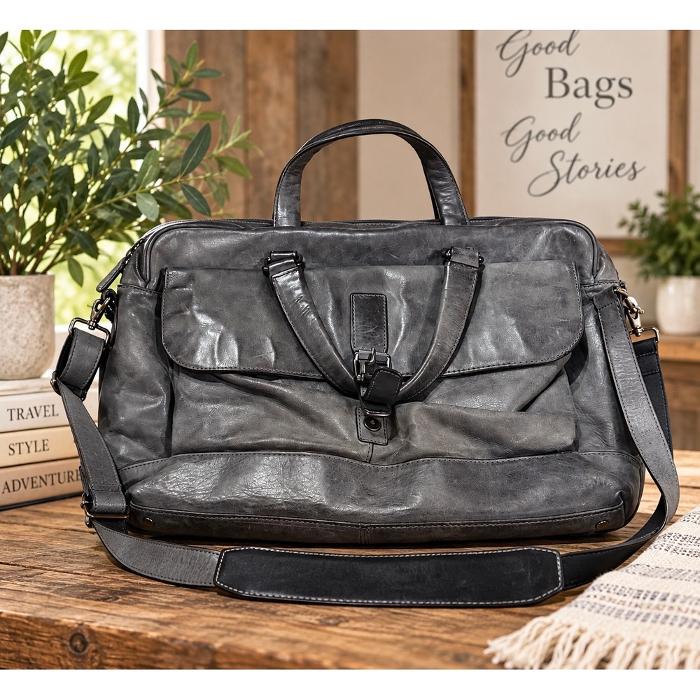 Frye Logan Leather Work Bag Briefcase Slate Grey Distressed Messenger Bag